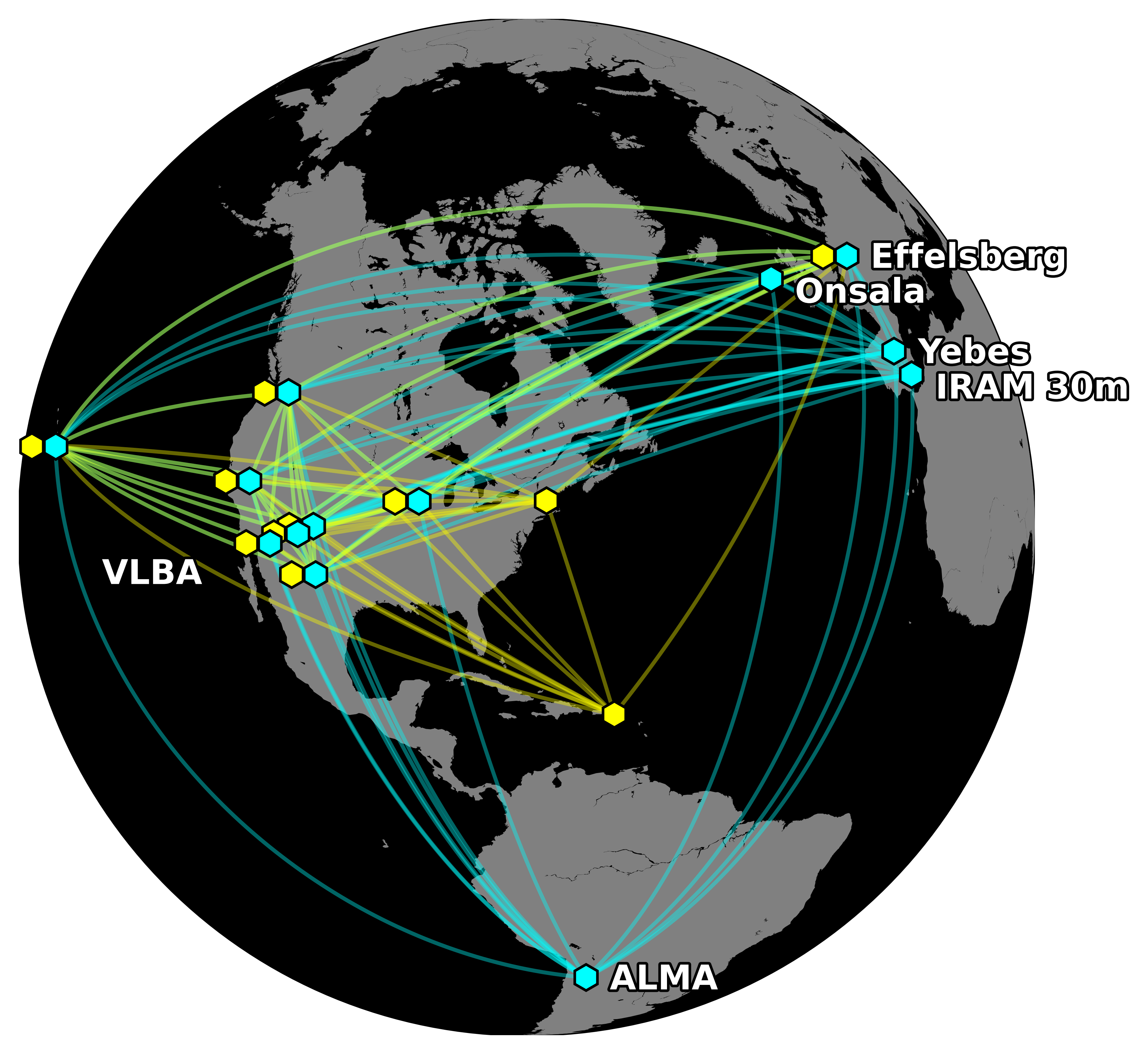今回の観測で使用されたVLBI観測網 (Global Millimeter VLBI Array/GMVA + High Sensitivity Array/HSA)