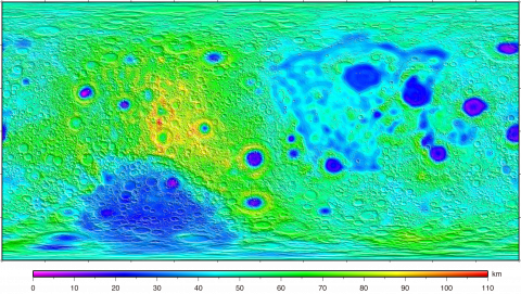 Grid data of crustal thickness (Equirectangular projection, with scale)