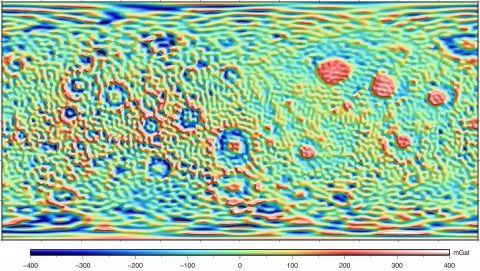 Grid data for free-air gravity anomaly calculated from SGM100h model (Equirectangular projection, with scale)