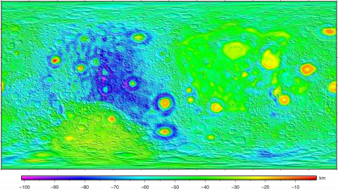 Moho topographic grid data (Equirectangular projection, with scale)