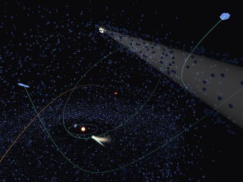 本研究の概念図。太陽系外起源の天体（赤）と、オールト雲起源の彗星（青）が木星質量程度の天体（白）の影響で極端な双曲線軌道を持つ場合を描き出している。（クレジット：国立天文台）