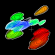 観測画像：電波望遠鏡群が取得したデータを用いて描いた電波写真。メタノール分子が出すメーザー輝線の環が、重い原始星（白い十字）の位置を中心に外向きに広がっていく「熱の波」の痕跡を示している。図中の色は、ガスが観測者から見て近づく（青）、もしくは遠ざかる方向（