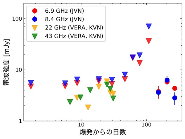 JVN、VERA、KVNによって得られたSN 2023ixfの電波強度変動。（Credit: 2025- Iwata et al.）